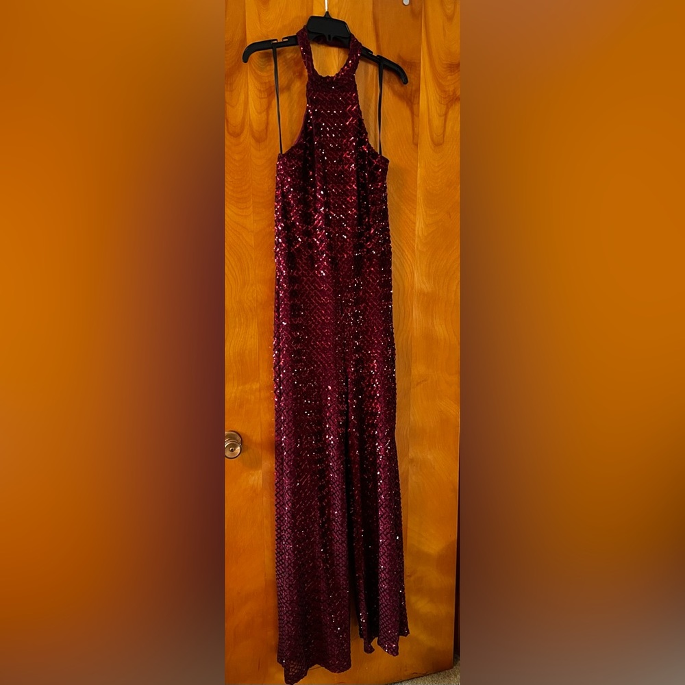 Premier Amour Ladies Beautiful Sequin Halter Backless Jumpsuit-burgundy